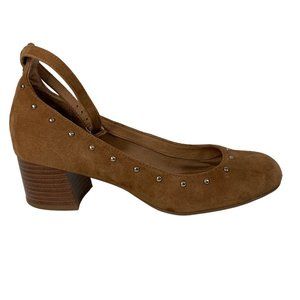 Montana Womens Mary Jane Studded Ankle Strap Shoe Size 8.5 Tan Suede Block Heel